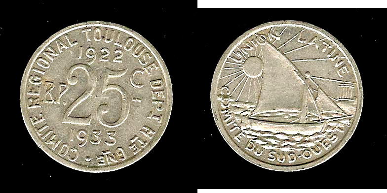 Toulouse Latin Union 25 centimes 1922/33 EF
